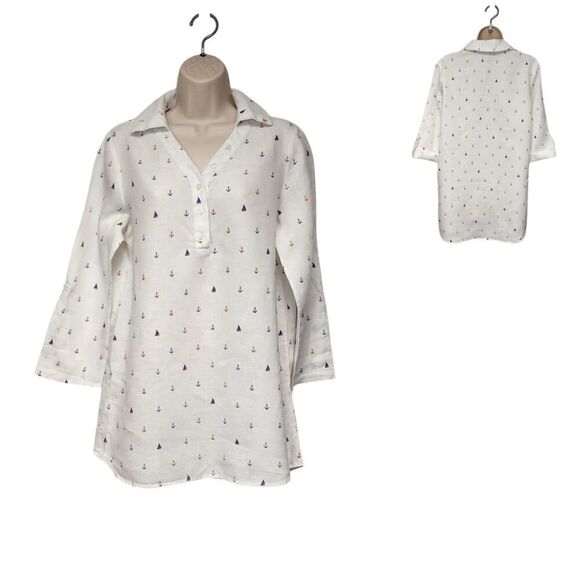 Cynthia Rowley Womens Sailboat Anchors Linen Tunic Blouse Multi-White Size Small - Picture 1 of 9